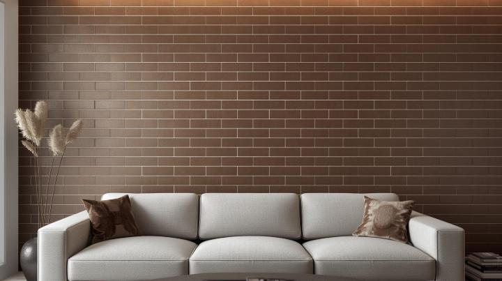 Brown subway tile wall with horizontal stacked pattern behind sofa
