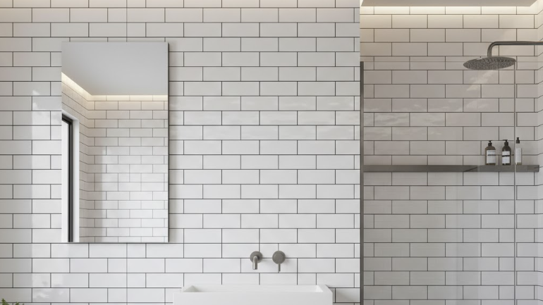 White subway tile bathroom wall with horizontal brick pattern