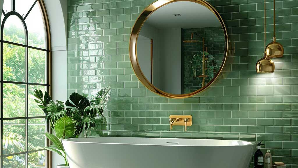 Green glossy subway tile bathroom wall with a freestanding tub