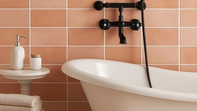 Peach subway tile bathroom wall with a freestanding white tub