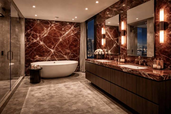 Red marble countertop in bathroom