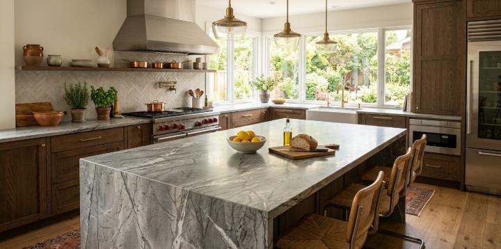 Quartzite kitchen island countertop white veining