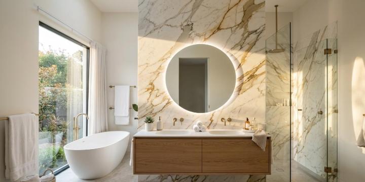 Polished marble wall in bathroom