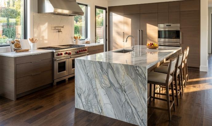 Quartzite natural stone slab installed as a waterfall-edge kitchen island