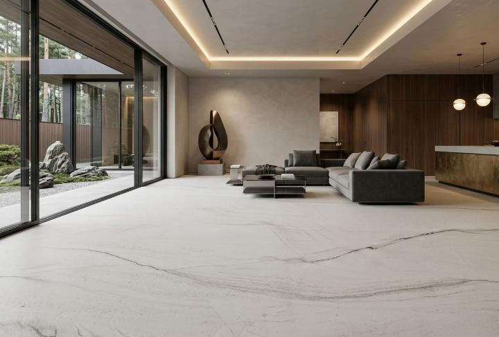 Large-format white quartzite slab flooring with subtle grey veining in a modern open-plan living room.