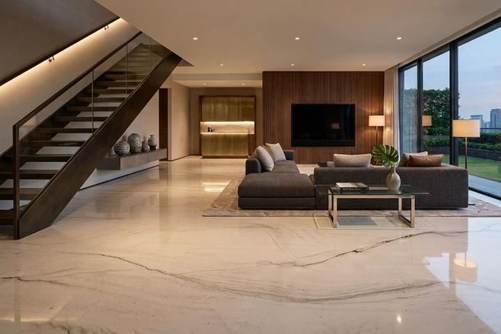 Polished quartzite slab flooring with soft veining in a luxury open-plan living room with glass staircase.