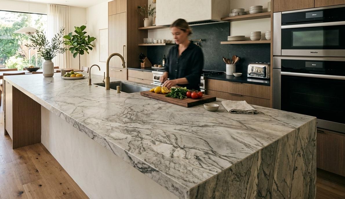Leathered finish Mont Blanc quartzite vanity top with subtle surface texture