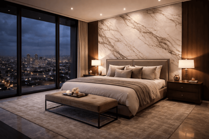 Calacatta accent wall in bedroom