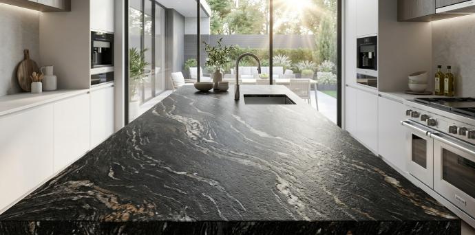 Leathered titanium granite slab close-up showing textured finish
