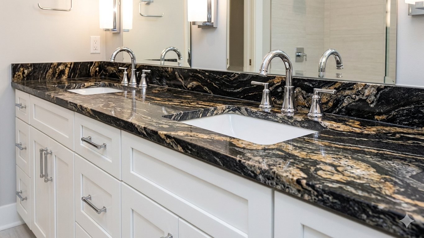 Black Titanium Granite bathroom vanity countertop with white cabinetry and polished chrome faucets