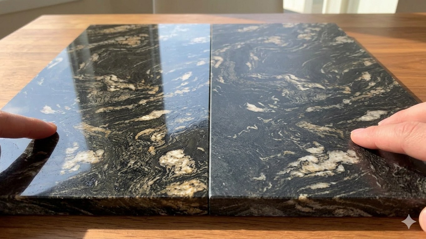 Black Titanium Granite polished and honed finish samples showing surface texture comparison