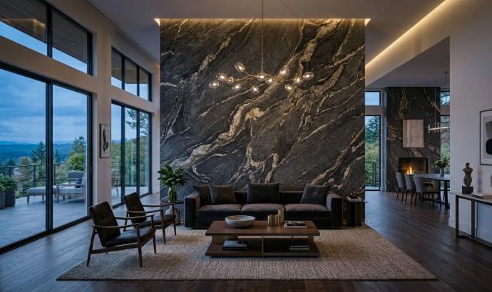 Modern living room with leathered titanium granite feature wall