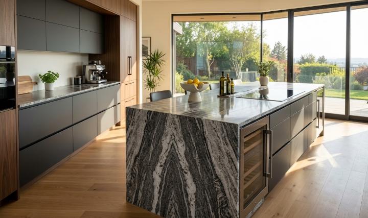 Bookmatched granite countertop surface in modern kitchen
