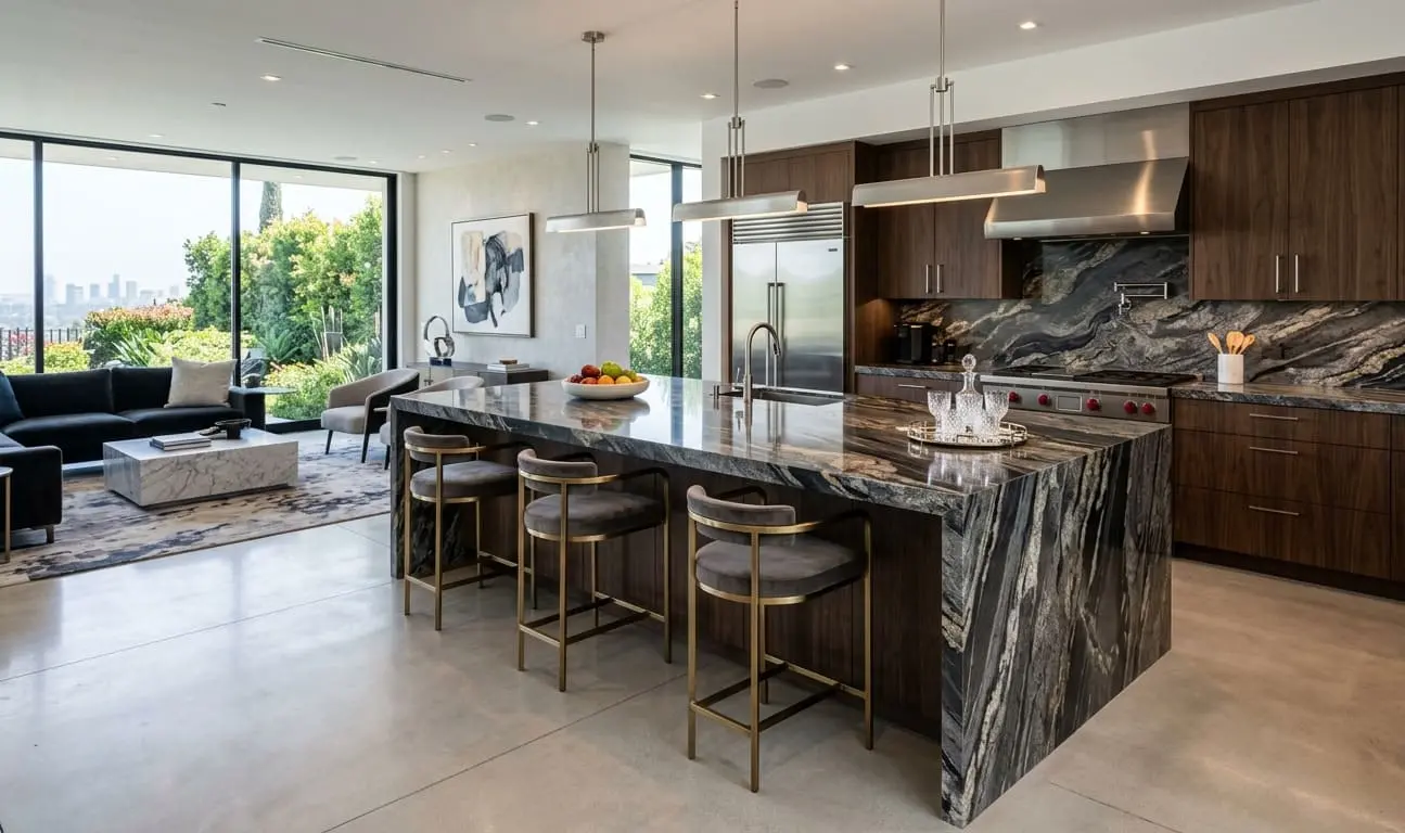 Polished titanium granite in kitchen island