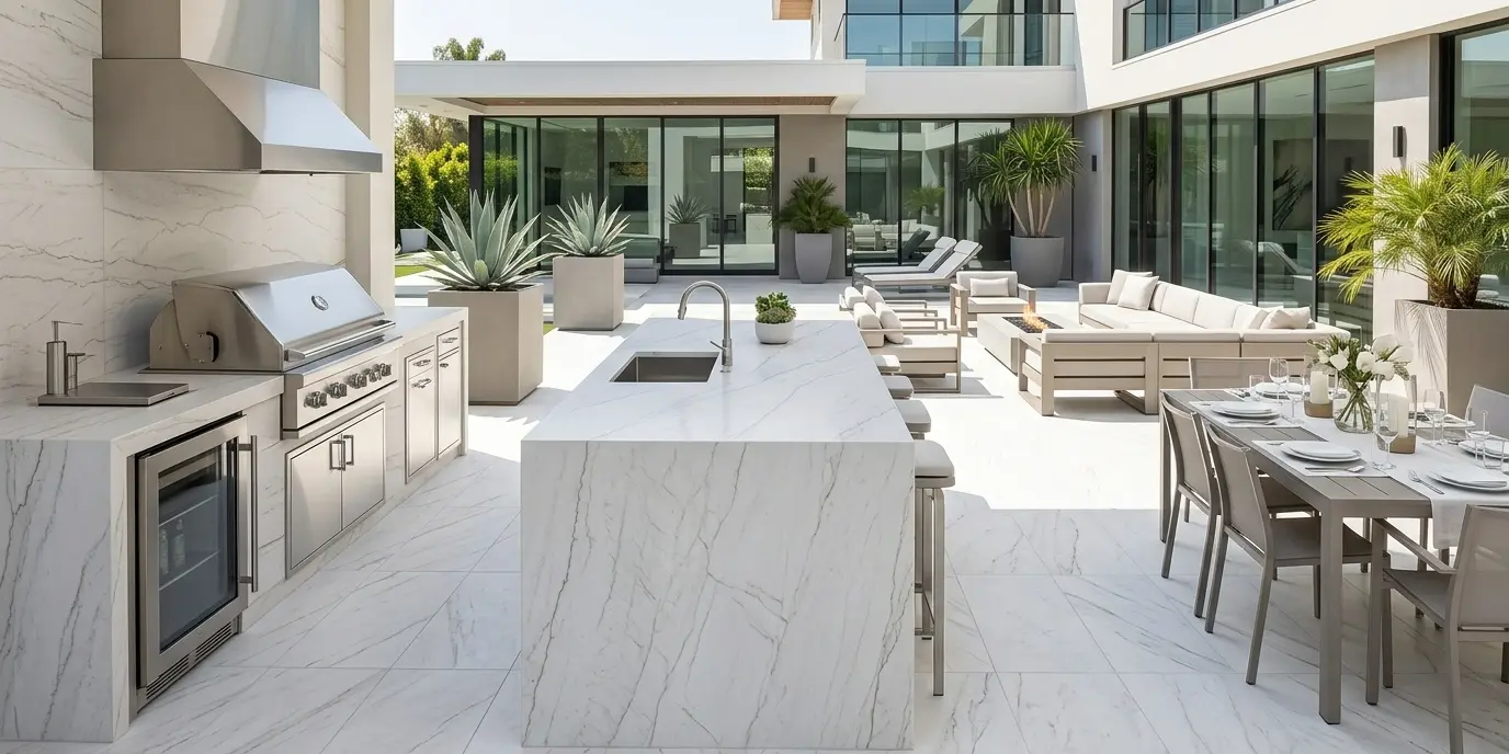 Outdoor kitchen and patio space with white stone island countertop, matching wall cladding, and large format floor tiles