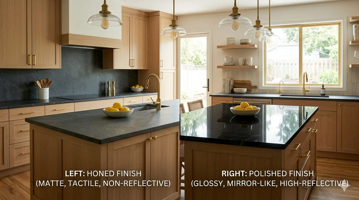 Honed Titanium Granite honed and polished finish samples showing matte and glossy surface difference