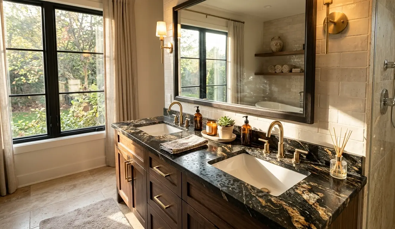 Bathroom vanity with dark exotic granite surface