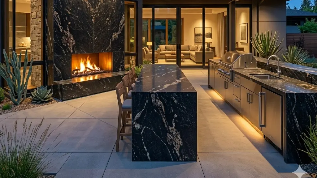 Titanium Granite Outdoor Fireplace and outdoor kitchen countertop sharing the same natural stone material