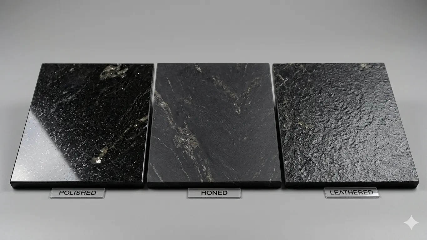 Titanium Granite Outdoor Fireplace polished honed and leathered finish samples side by side