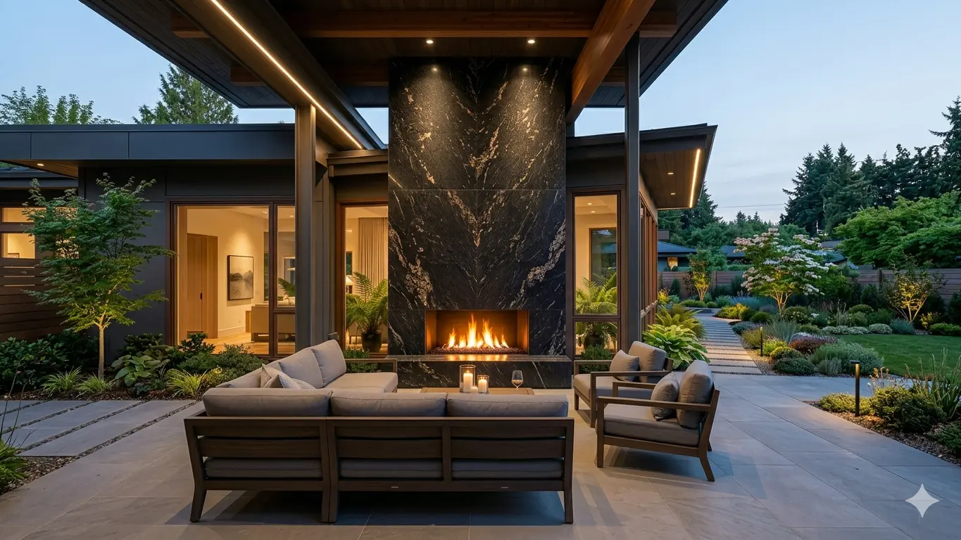 Titanium Granite Outdoor Fireplace surround with deep black base and metallic mineral deposits at dusk