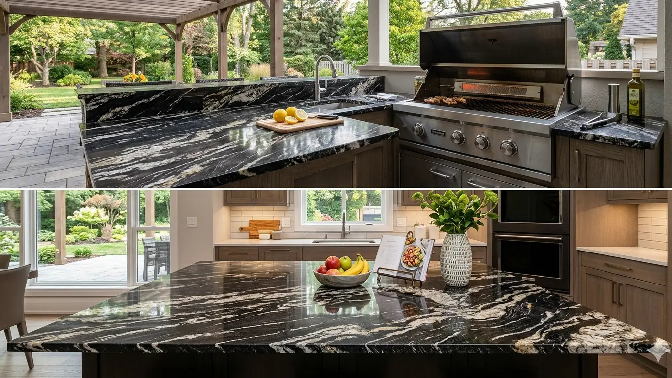 Titanium Granite Outdoor Kitchen and indoor island countertop showing natural stone material continuity