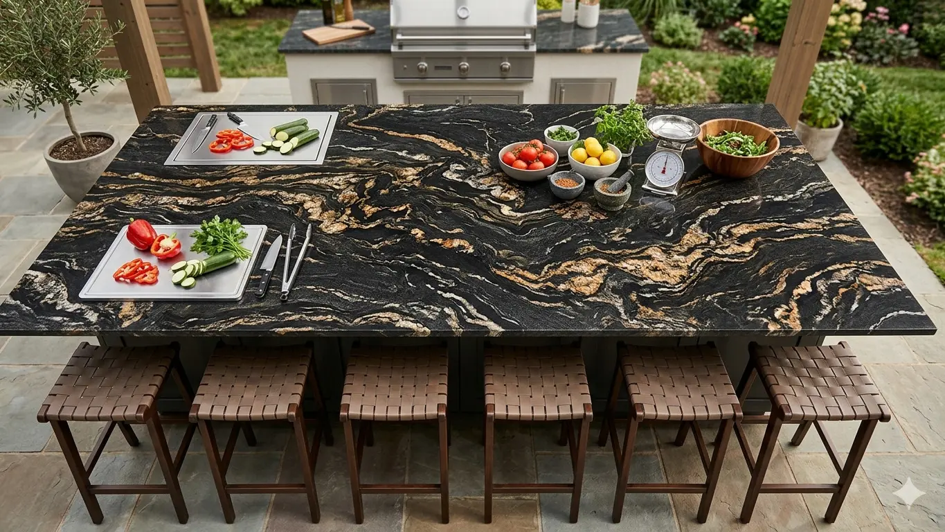 Titanium Granite Outdoor Kitchen island with seamless slab surface and bar seating in outdoor space
