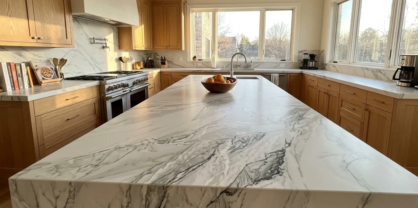 Honed Zermatt Quartzite slab with distinctive veining pattern
