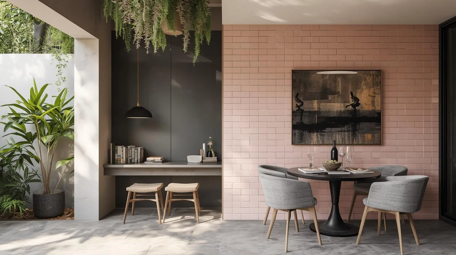 Covered terrace dining area with blush pink subway tile wall