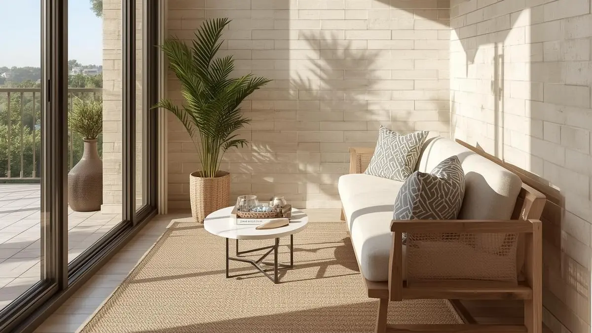 Sunlit terrace lounge with beige subway tile walls