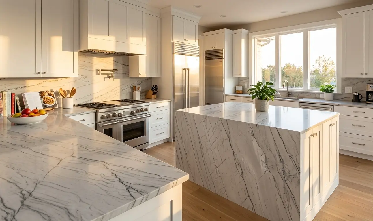Zermatt Quartzite natural stone slab with grey and white veining on kitchen countertop