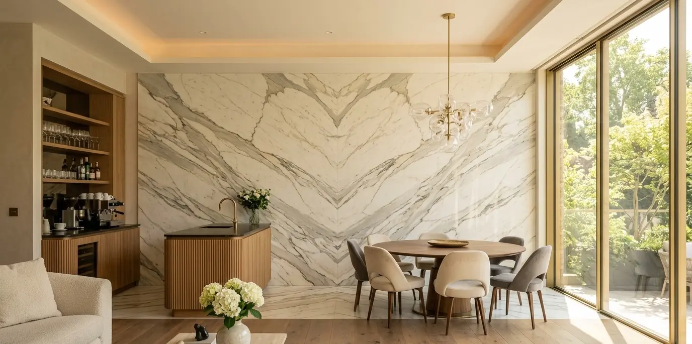 Calacatta marble on feature wall in luxury interior