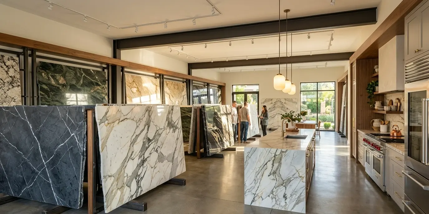 Polished natural stone slabs displayed in a showroom with dramatic veining pattern