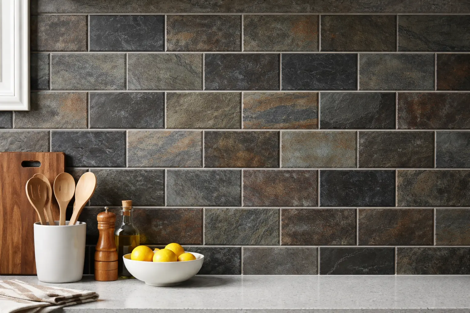 Kitchen backsplash with dark stone-look subway tiles in a horizontal brick pattern