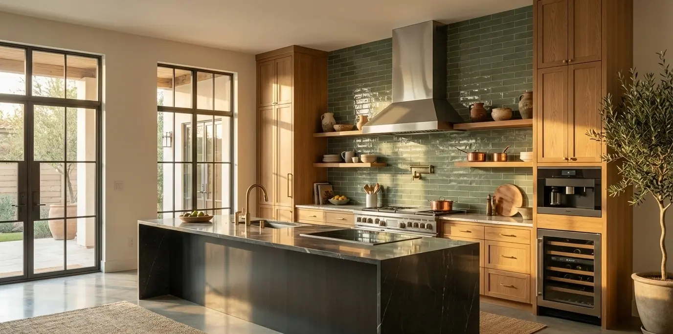 Modern kitchen with glossy green subway tile backsplash