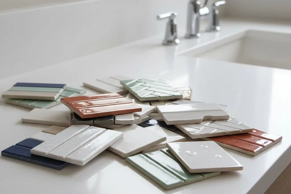 Assorted glossy subway tile samples in different colors and finishes