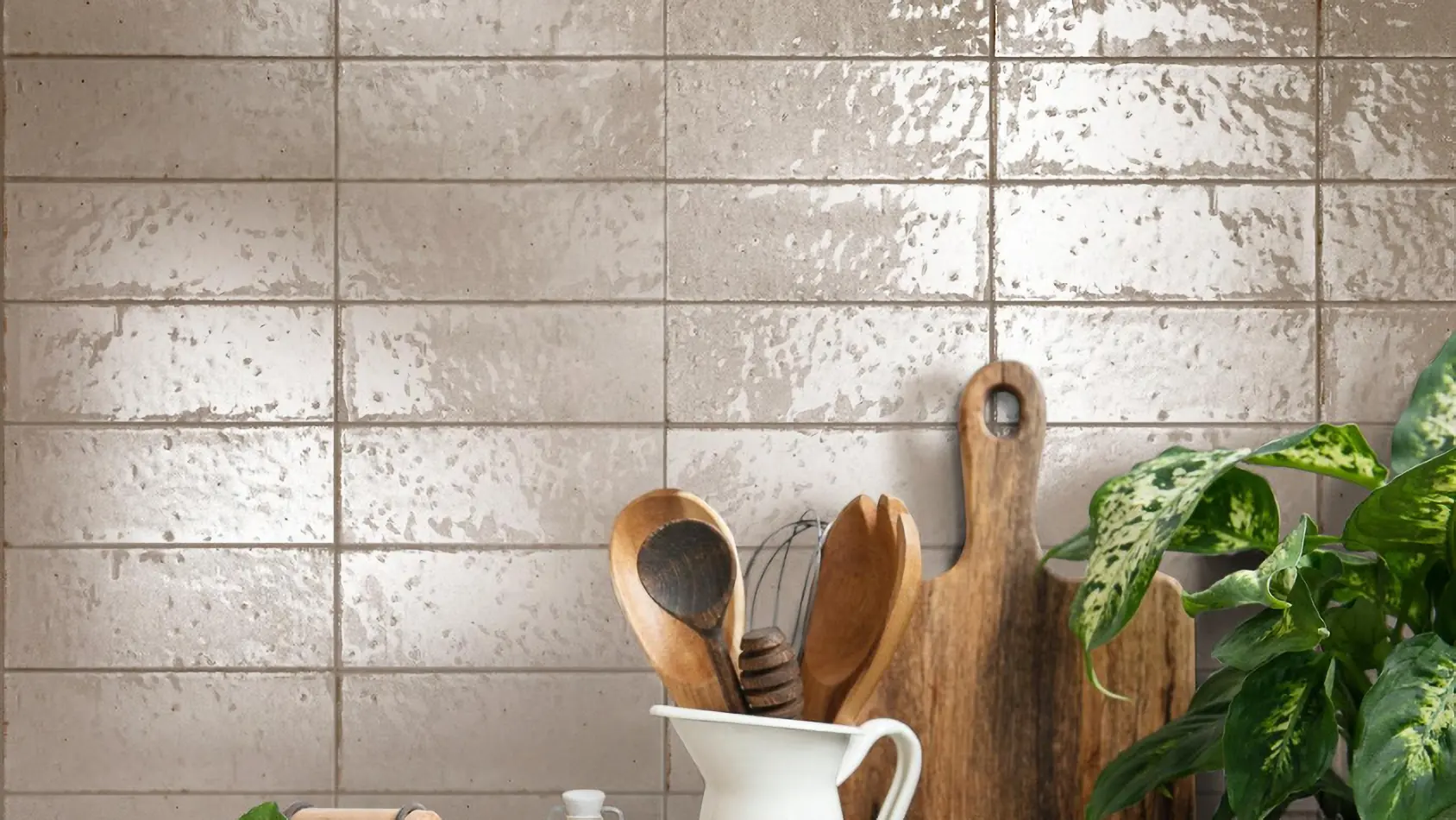 Bristol Subway Tile kitchen backsplash in a glossy taupe finish