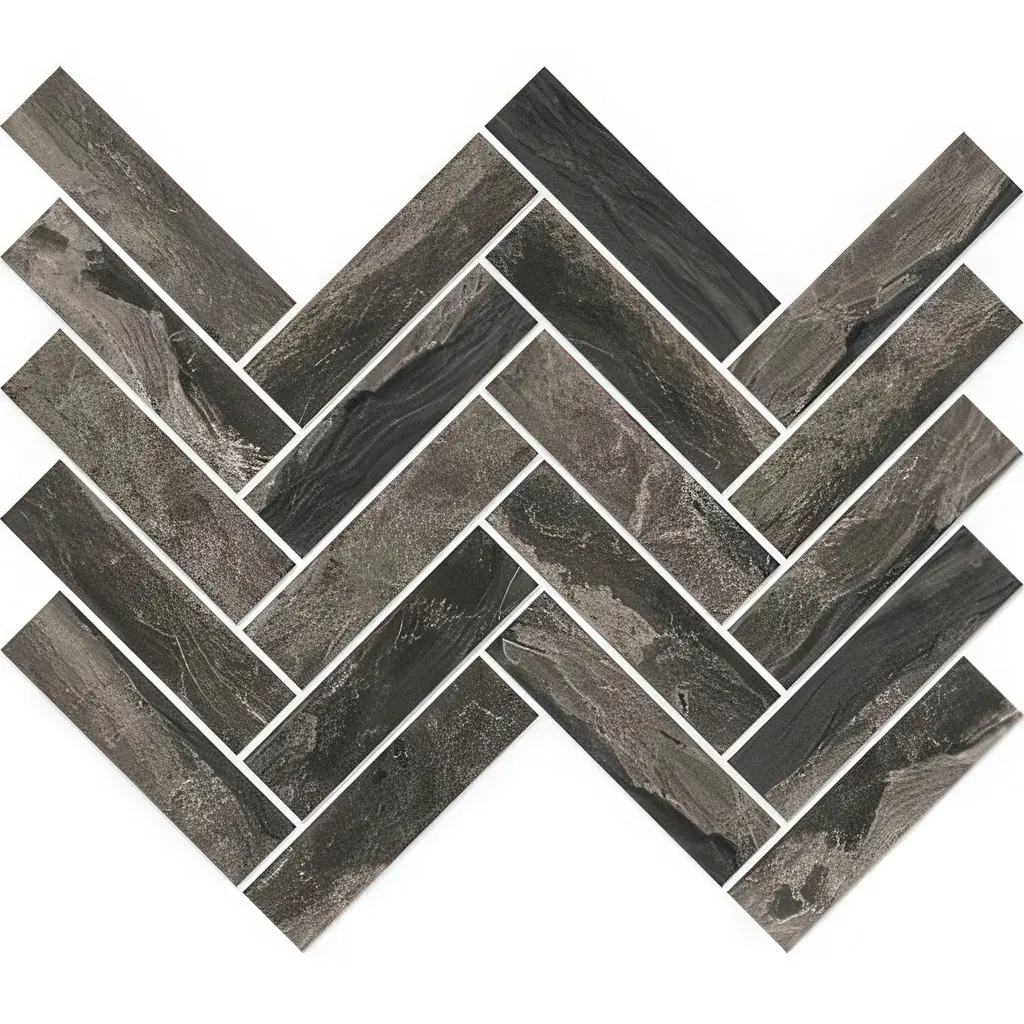 Dark gray marble look tile in herringbone pattern