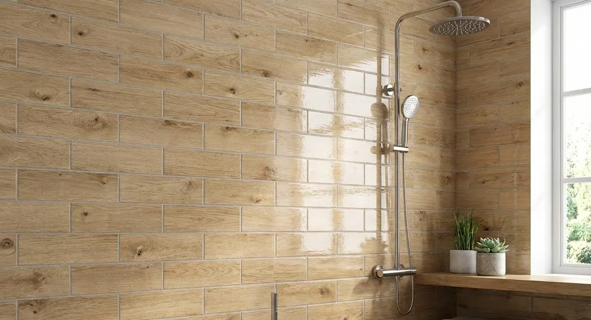 Shower with glossy wood-look subway tile walls