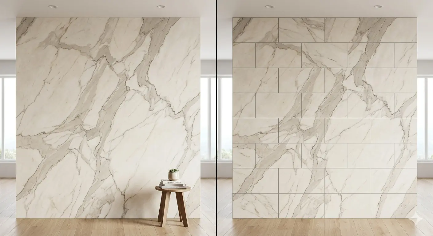 Zermatt Quartzite Accent Wall seamless slab compared to tiled wall with grout line interruption