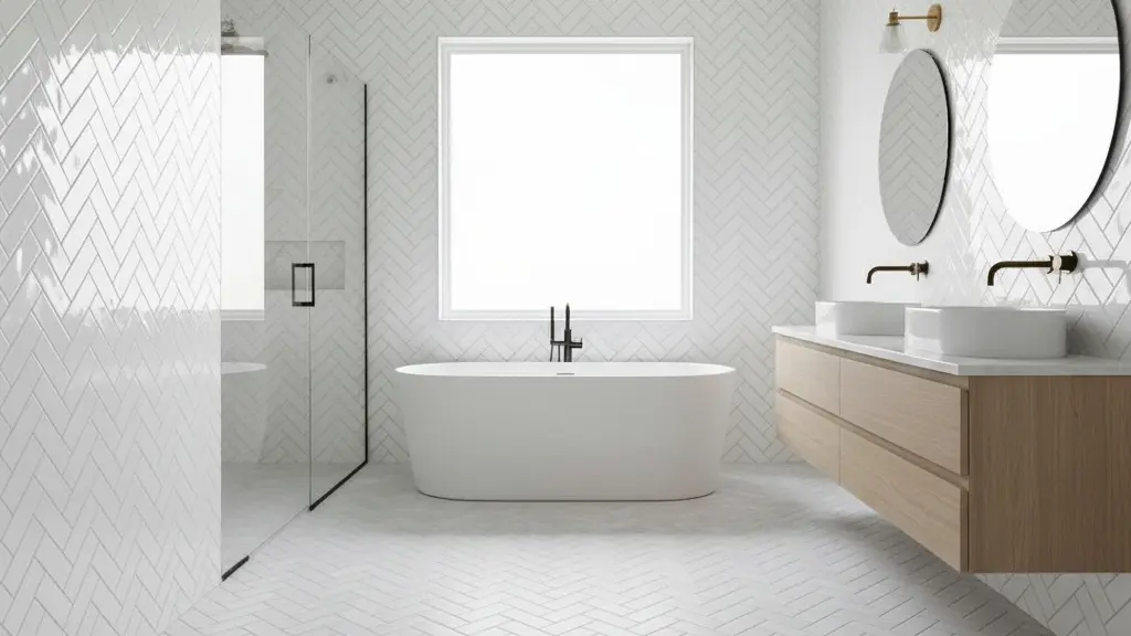 Bright white bathroom with herringbone tile walls and floor