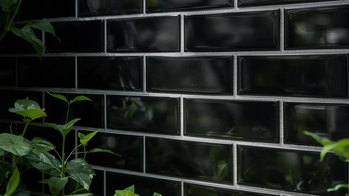 Glossy black subway tile wall with surrounding green foliage in an outdoor garden setting