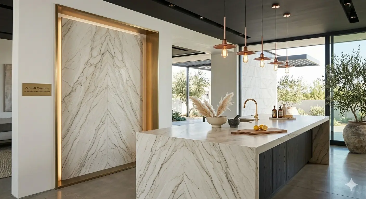 Zermatt Quartzite For Walls and countertop applications displayed in natural stone showroom setting