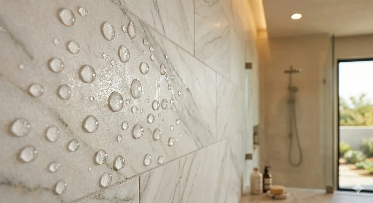 Zermatt Quartzite For Walls sealed surface showing water beading in bathroom moisture environment