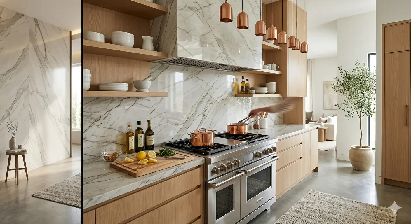 Zermatt Quartzite For Walls as polished kitchen backsplash wall behind countertop and range