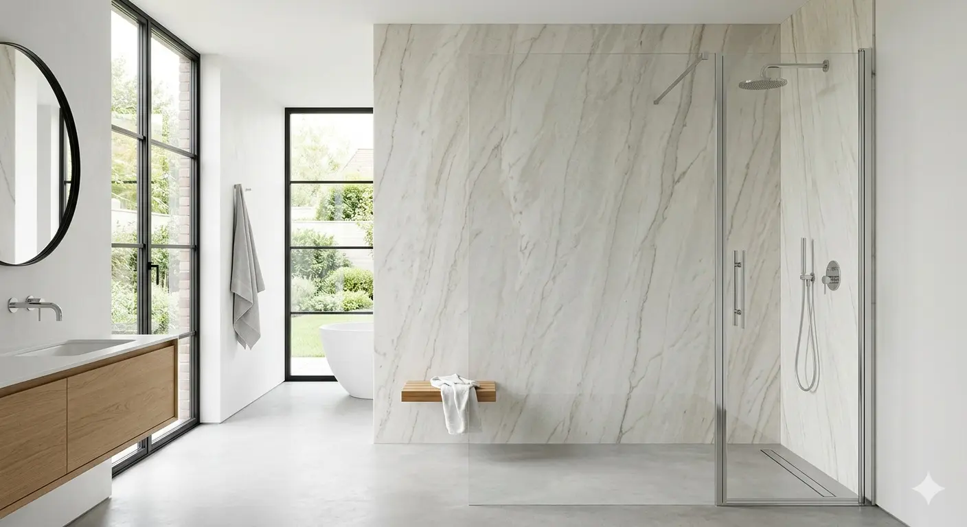 Zermatt Quartzite For Walls as full-height honed shower wall in modern bathroom interior