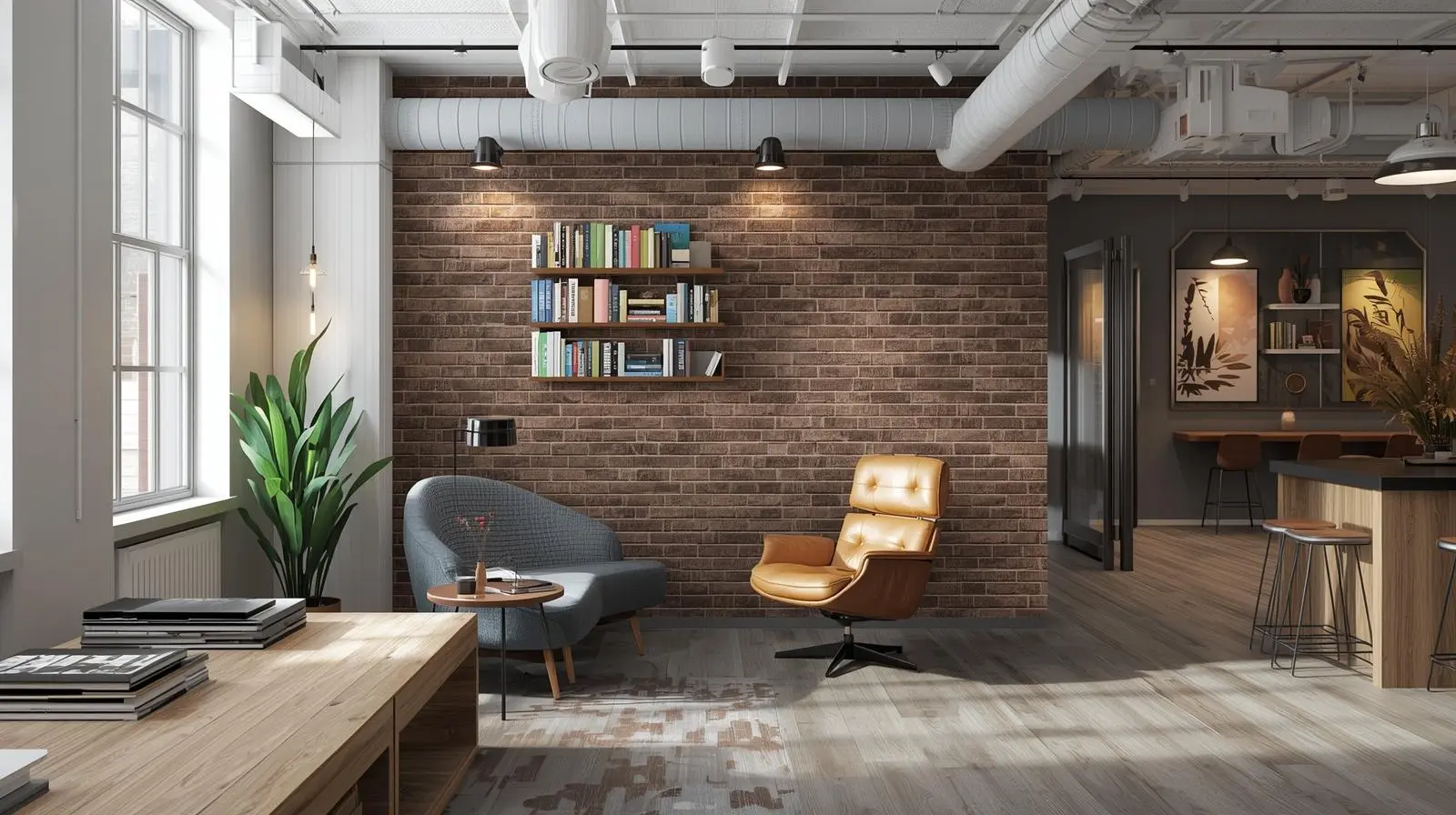 Industrial-style living space with brown subway tile wall