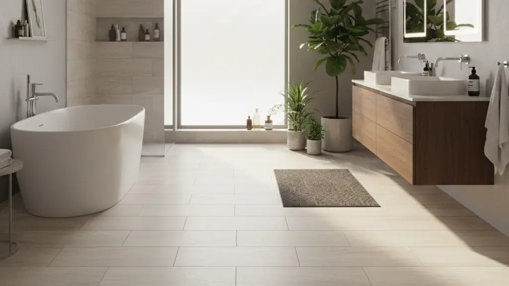Bright bathroom with light tile floors