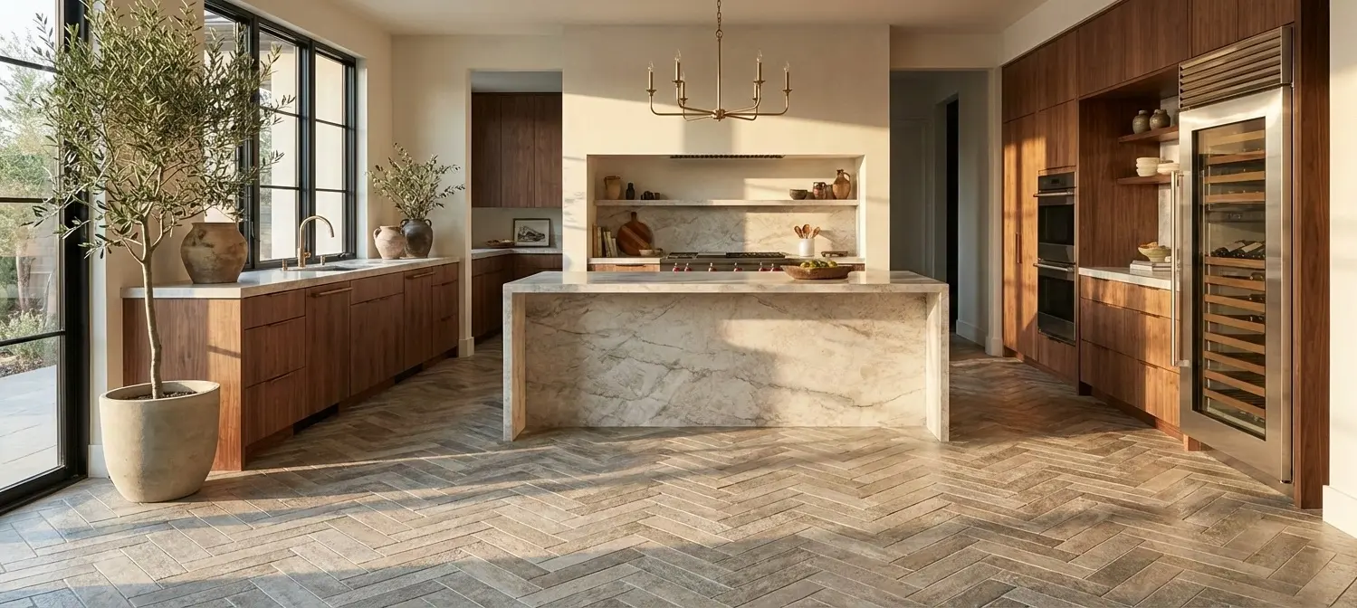 Warm modern kitchen with herringbone tile floor