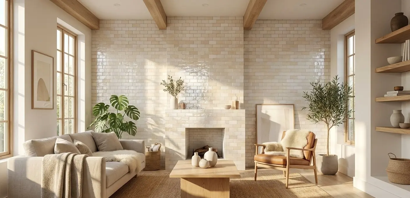 Bright living room with glossy cream subway tile fireplace wall,