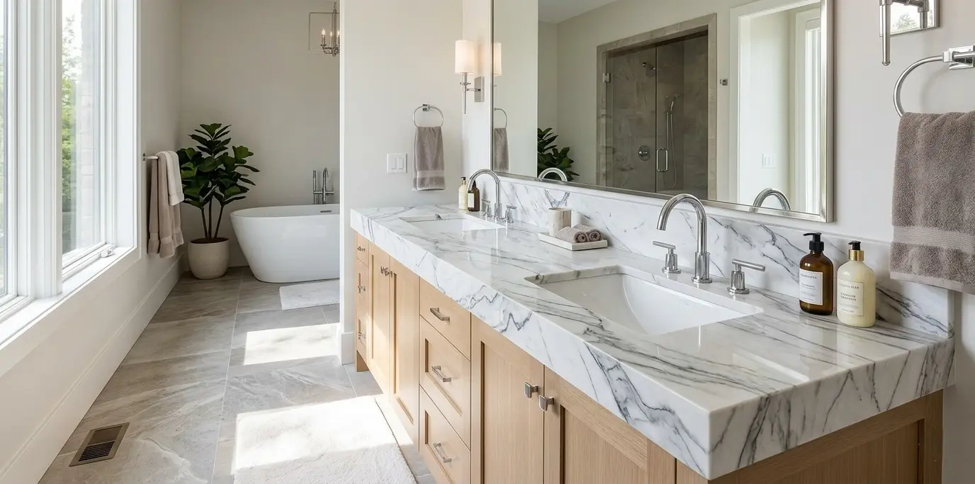 Bathroom vanity topped with Zermatt quartzite natural stone slab